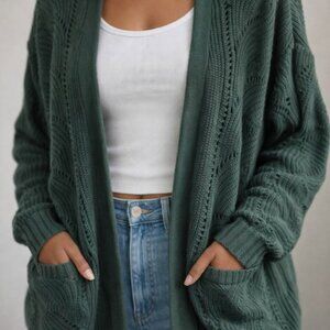 Pink Rose Knit Green Cardigan M with Pockets